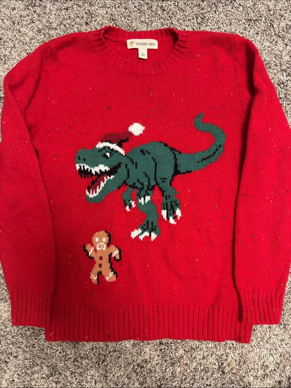 Tucker + Tate Holiday Red Crewneck Sweater with Green Dinosaur and Gingerbread